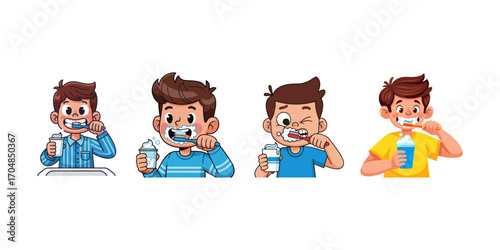 Four young cartoon boys are brushing their teeth.