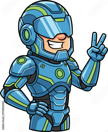 Cartoon astronaut in blue and green suit giving peace sign