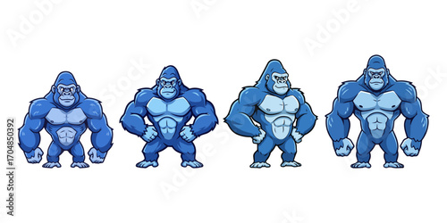 Four cartoon gorillas stand in a row on white