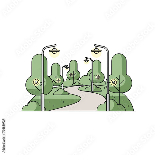 Illustration of a winding path with streetlights and trees in a sustainable smart city park with green spaces.