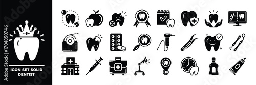 Dentist Solid Icon Set for Oral Health and Care.