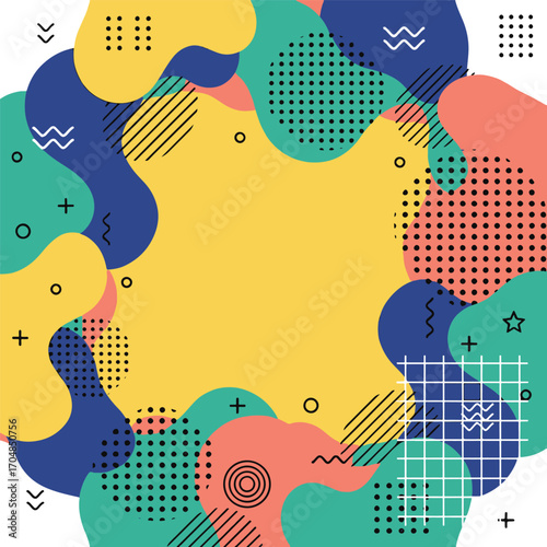 A dynamic and chaotic abstract background in the Memphis style, featuring a mix of bright colors, shapes, and patterns. vector illustration