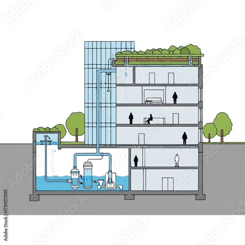 Cross-section illustration of a sustainable smart city building with green rooftop, showcasing internal layout and water management system.