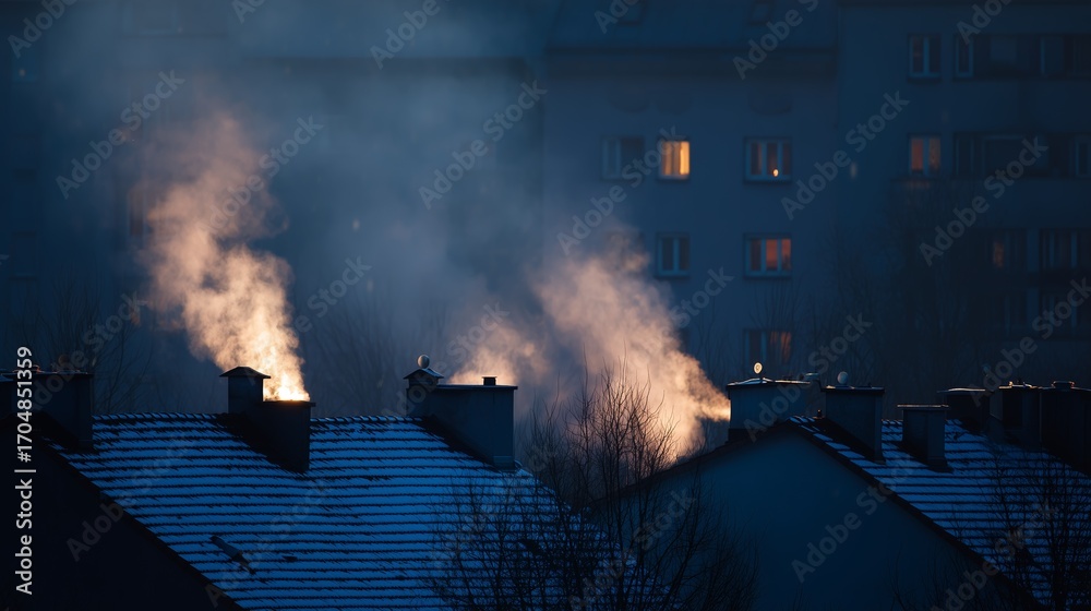 Obraz premium Chimneys release warm smoke into the cold evening air, contrasting against the snow-covered rooftops of urban apartment buildings.