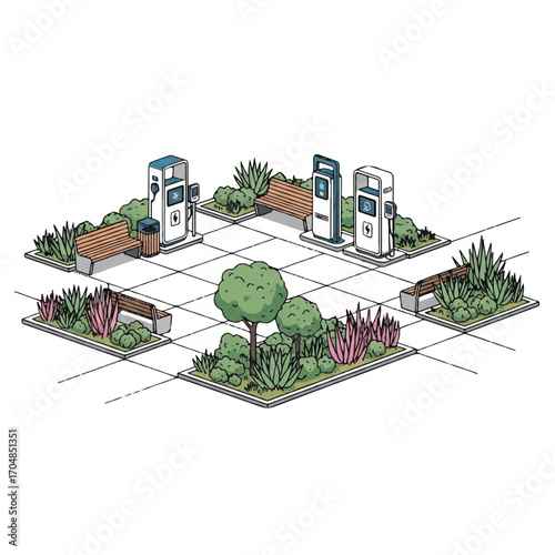 Isometric illustration of a sustainable smart city block with electric vehicle charging stations, green spaces, and walkways on a grid background, promoting eco-friendly urban planning.