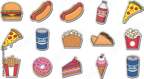 Vibrant fast food and dessert icons for diverse digital and print applications