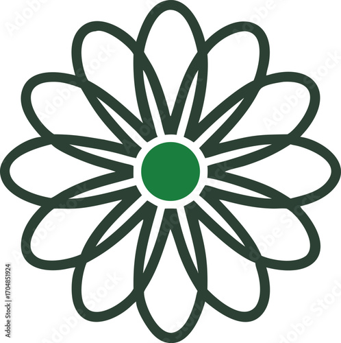Geometric chamomile flower icon with dark green petals and center on a white background simple