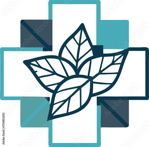 Geometric medical cross with abstract basil leaf design on white background herbal
