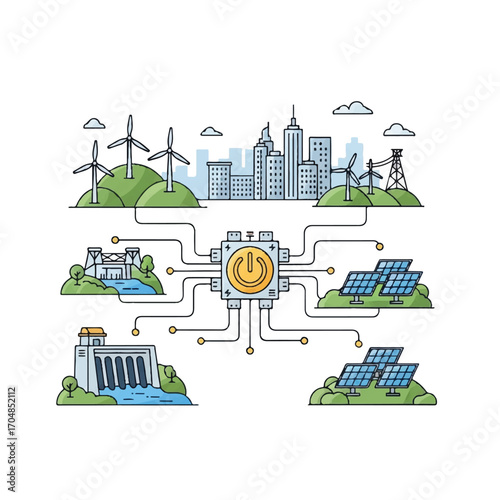 Flat lay illustration of a sustainable smart city with renewable energy sources including wind turbines, solar panels, and hydroelectric dam, connected to a central coin symbolizing