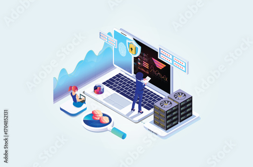 Modern Isometric Online administrator, web hosting concept. Technician repair software. Hardware protection share infographic. Store safe server. Suitable for Diagrams, Game Asset, And Other asset