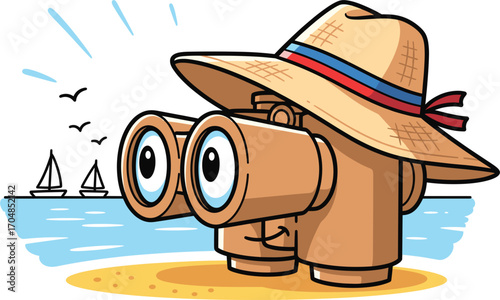 Cartoon binoculars wearing a straw hat on a beach looking at sailboats