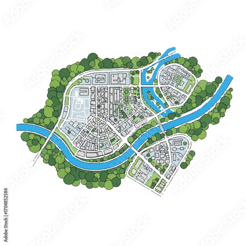 Aerial view of a sustainable smart city with green spaces and blue rivers, showcasing a well-planned urban landscape with roads and buildings.