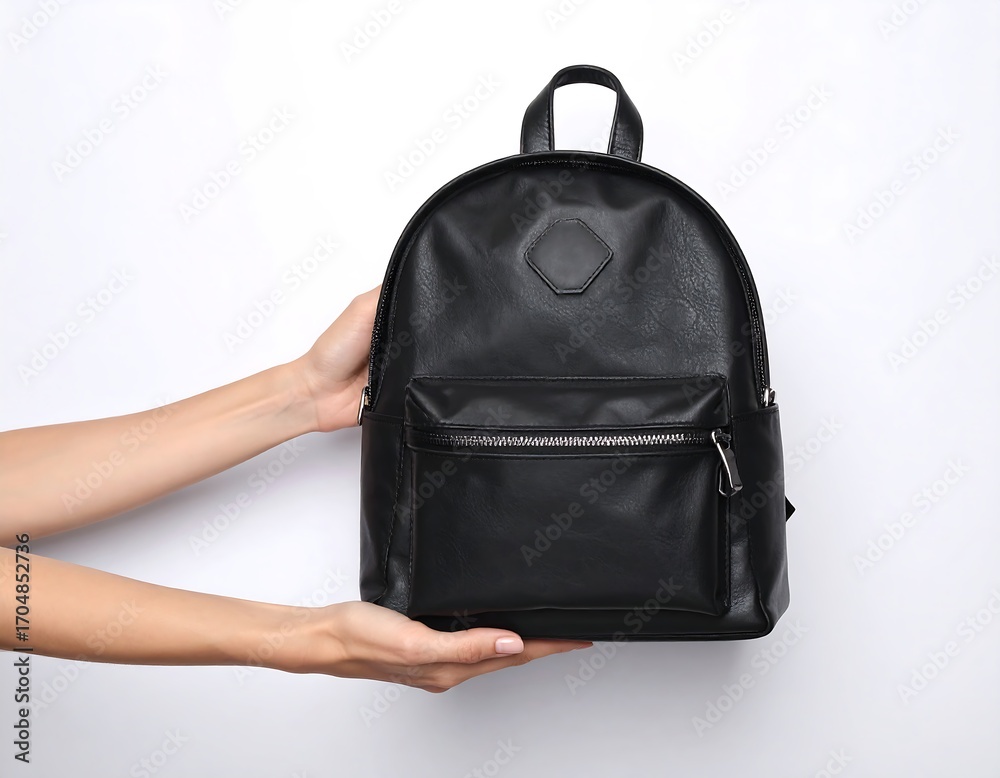Naklejka premium Hands holding a black backpack