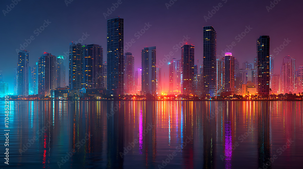 Fototapeta premium Modern city skyline at night with vibrant neon lights reflecting on the water
