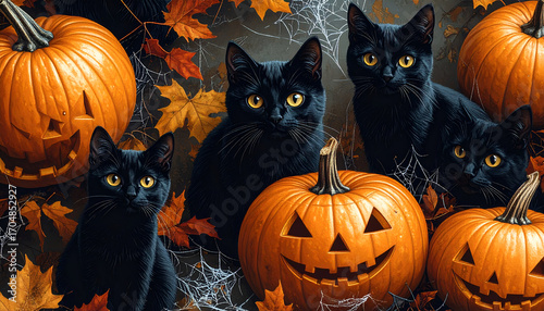 Black cats and carved pumpkins create a Halloween scene with autumn leaves.