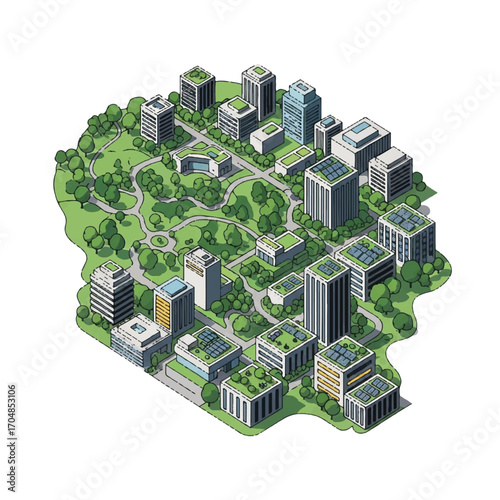 Isometric illustration of a sustainable smart city with green spaces, modern buildings, and roads on a white background, conveying eco-friendly urban planning.