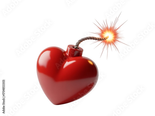 Red heart shaped bomb with a lit fuse isolated on transparent background