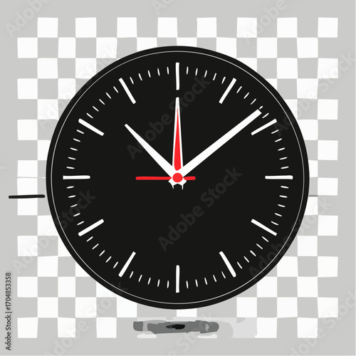 Minimalist black analog clock face with a red second hand, isolated on a transparent background. Vector graphic representing time management, deadlines, and scheduling concepts