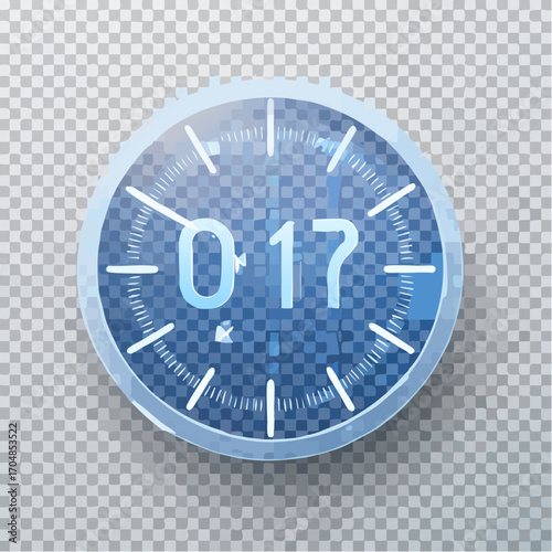 Futuristic circular blue glass timer with a digital display showing seventeen seconds, representing a modern technology interface concept