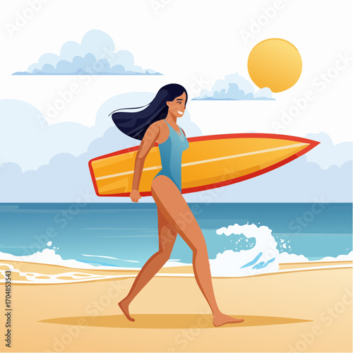 Vector illustration of a happy young woman in a blue swimsuit carrying her surfboard along a sandy beach