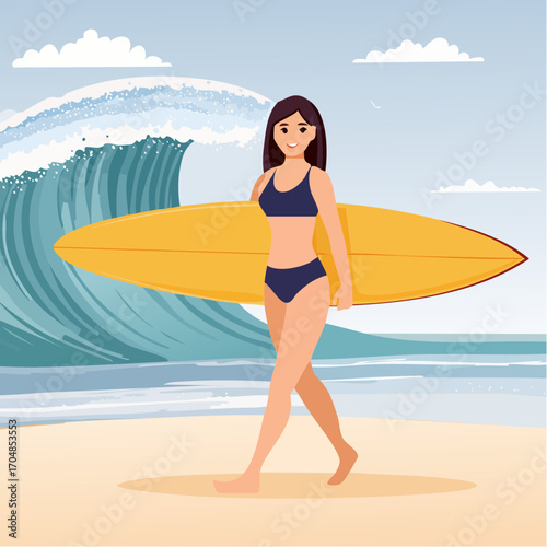 Vector illustration of an attractive woman in a bikini carrying a surfboard on a tropical beach with a large ocean wave in the background
