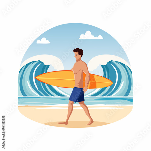 An athletic young man carries his orange surfboard while walking along a sandy beach, with large blue ocean waves in the background, ready for summer water sports