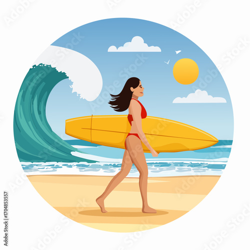Beautiful surfer girl walking with her surfboard on the beach. Summer vacation and extreme water sports lifestyle concept