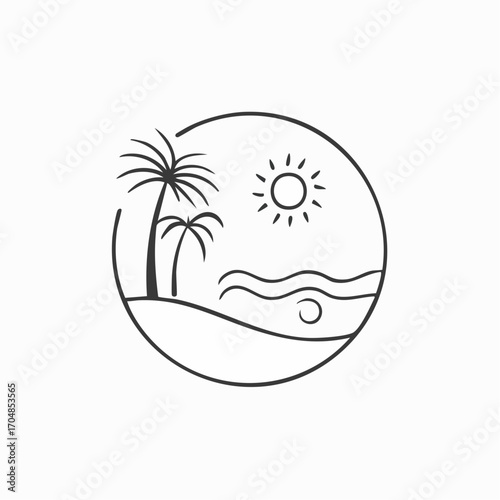 Simple hand-drawn icon of a summer beach landscape with palm trees, ocean waves, and a shining sun, enclosed in a circle