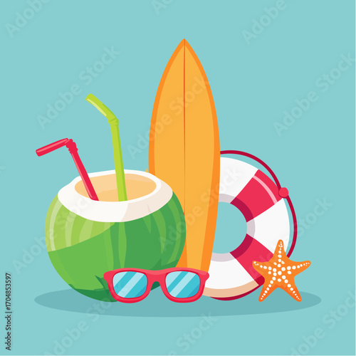 Tropical beach scene concept with summer vacation accessories like a surfboard, coconut, and sunglasses on a blue background