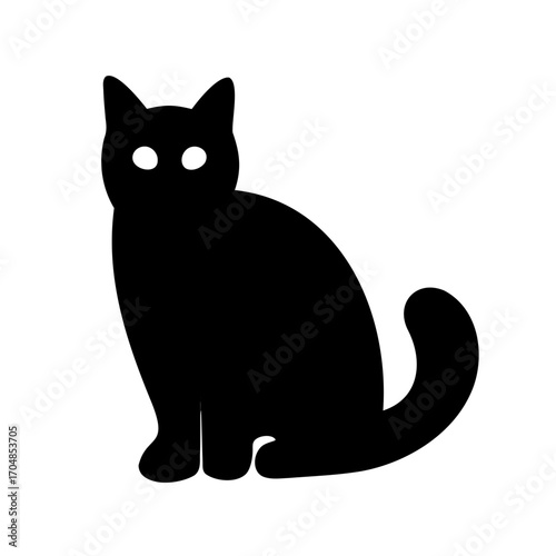 Stylized minimalistic black cat sitting down with piercing white eyes illustration