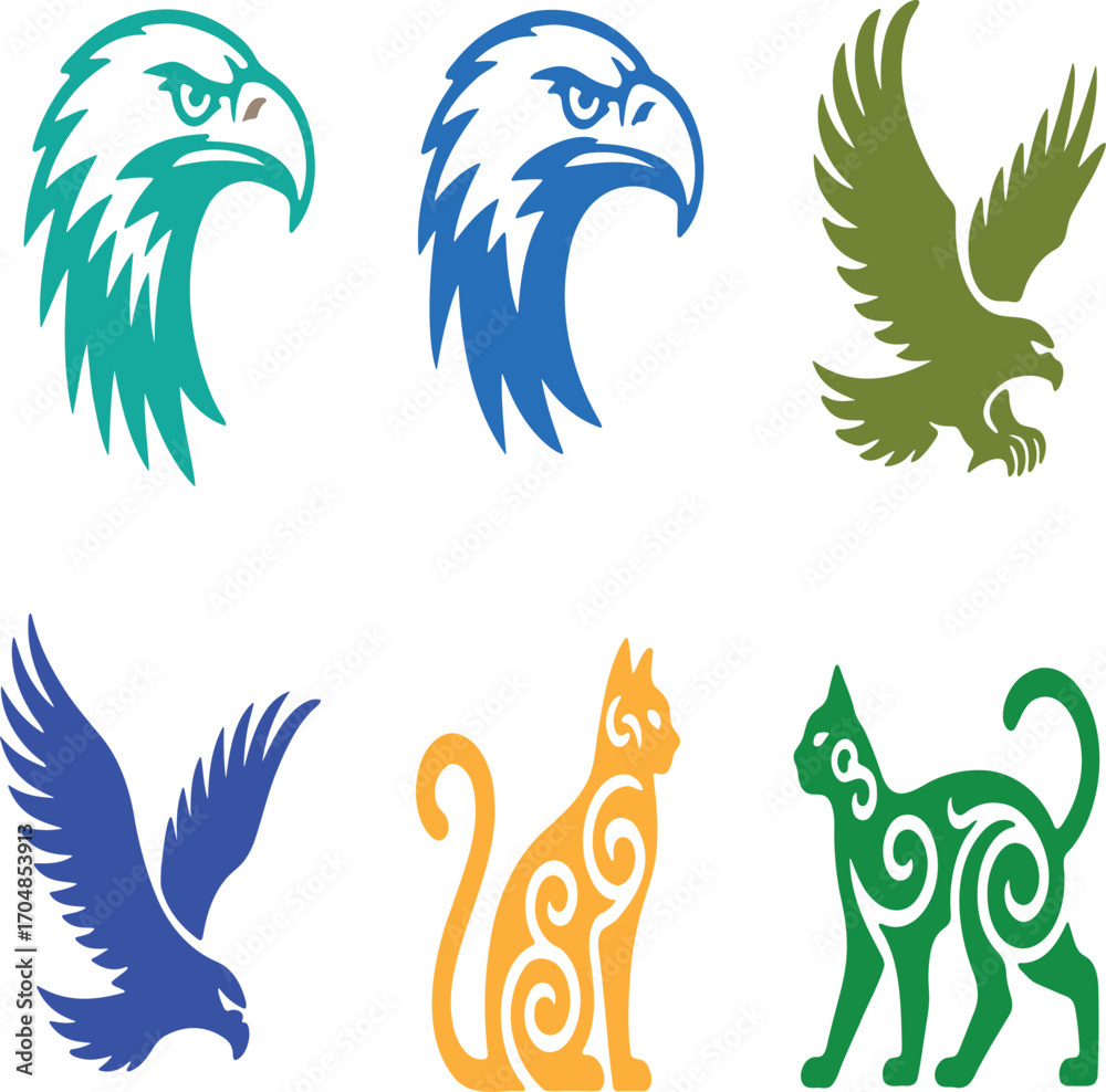 Obraz premium Diverse Wildlife Logos Featuring Eagles and Cats in Various Colors and Styles, Creating a Bold and Eye Catching Visual Composition