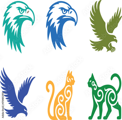 Diverse Wildlife Logos Featuring Eagles and Cats in Various Colors and Styles, Creating a Bold and Eye Catching Visual Composition