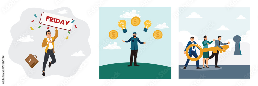 Naklejka premium Young businessman welcomes the weekend,manage strategies to make a profit,teamwork towards success.