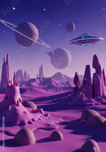 3d kid background. Galaxy space podium, rocket planet and toy spaceship as star children products promo presentation