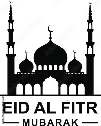 Eid al Fitr Mubarak Mosque Vector Illustration. Islamic Festival Mosque Silhouette Eid Greeting Design.