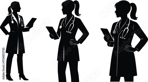 Female doctor silhouettes bundle set holding medical records professional medical figures 