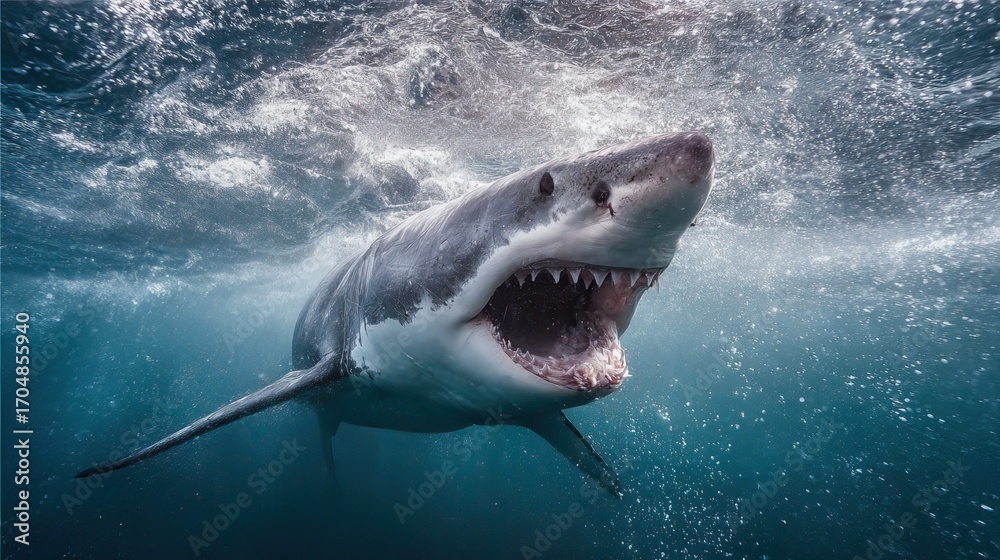 Fototapeta premium Powerful Great White Shark Swimming in Ocean Water with Open Mouth and Sharp Teeth Under Dramatic Light Conditions