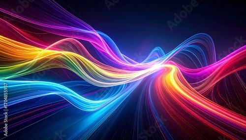 Vivid abstract illustration featuring flowing, colorful light trails against a dark background, creating dynamic patterns