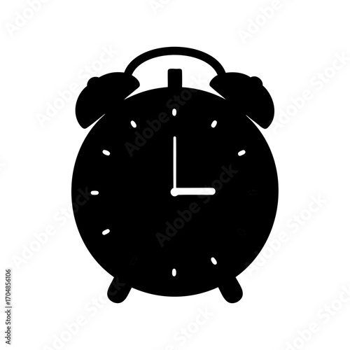 Black silhouette of a classic alarm clock showing the time at 3 o'clock