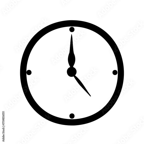 Simple black and white clock image depicting five minutes after twelve
