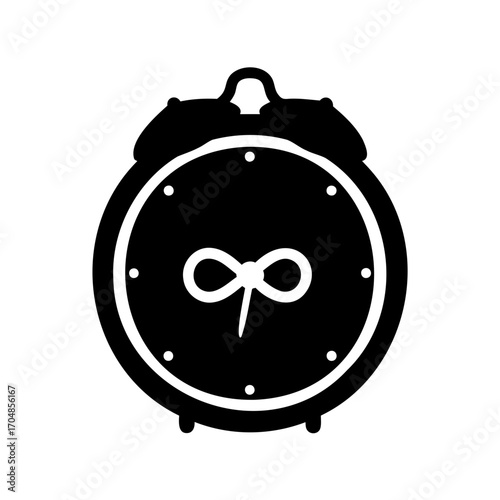 Retro Alarm Clock Silhouette with Bow Icon, Symbol of Time and Memory