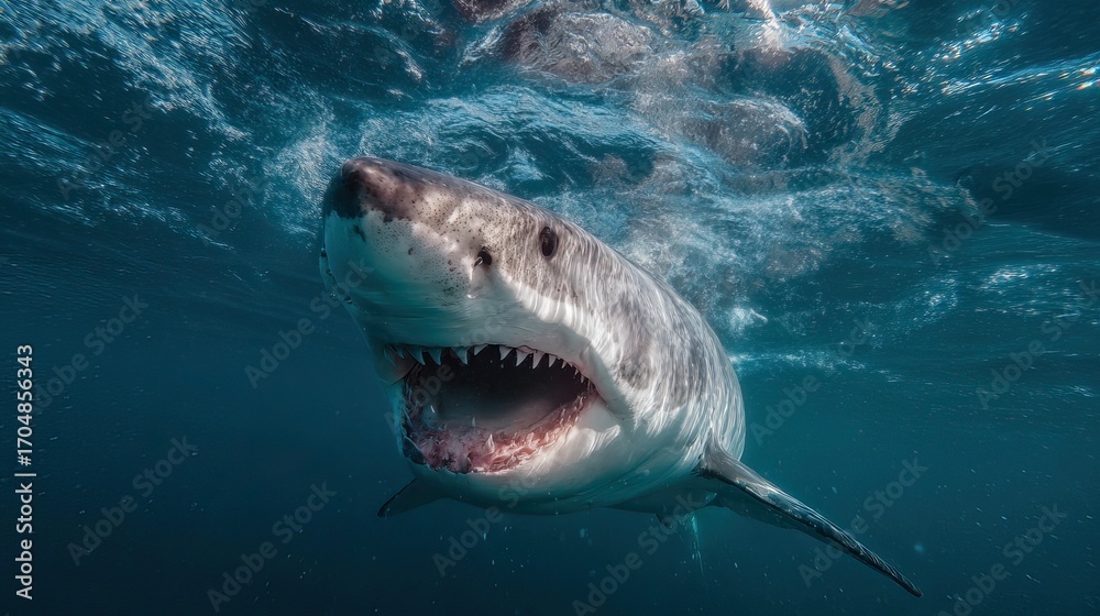 Fototapeta premium Majestic Great White Shark Swimming Gracefully Underwater with Open Mouth Captured in Crystal Clear Ocean Water