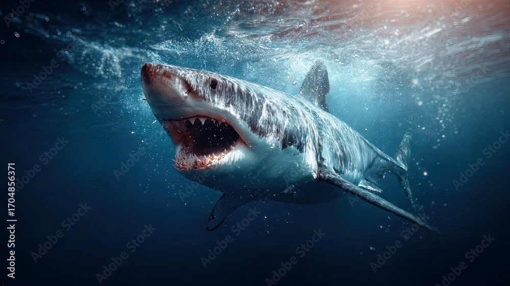 Naklejka premium Majestic Great White Shark Swimming in Deep Blue Ocean with Open Mouth Underwater Burst of Light