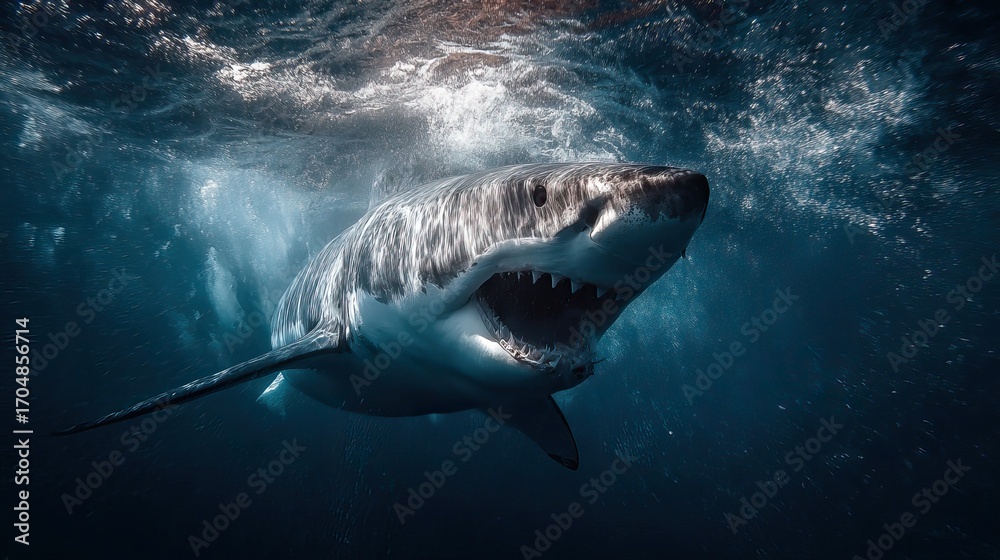 Fototapeta premium Majestic Great White Shark Swimming Gracefully in Ocean Depths with Sunlight Filtering Through Water Surface