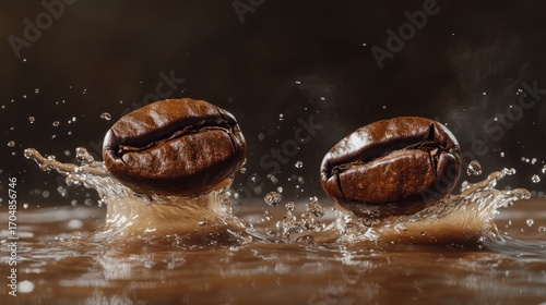 Wallpaper Mural Two Roasted Coffee Beans Splashing into Brown Liquid, A Close-Up Macro Shot Torontodigital.ca