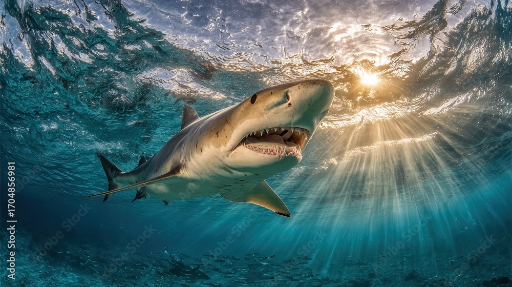 Obraz premium Majestic Shark Underwater with Sunlight Radiating Through Ocean Surface