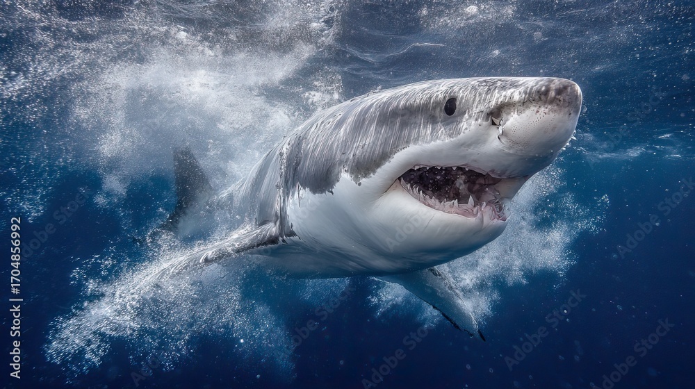 Naklejka premium Majestic Great White Shark Swimming in Clear Blue Ocean Waters Captured in Stunning Underwater Photography
