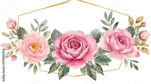 Wallpaper Mural Elegant Watercolor Roses in a Golden Hexagon Frame Torontodigital.ca