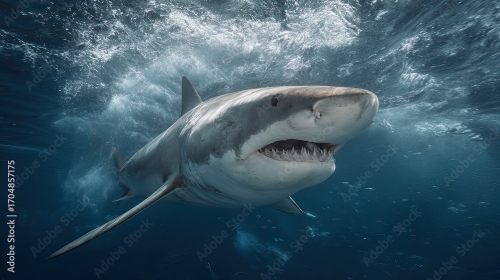 Fototapeta premium Majestic Shark Swimming in Deep Blue Ocean Water with Bubbles and Light Reflections