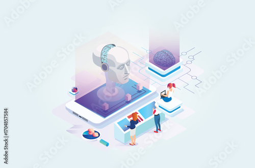 Modern Isometric artificial intelligence robot learning illustration, Web Banner, Suitable for Diagrams, Infographics, Book Illustrations, Game Assets and Other Graphic Related Assets